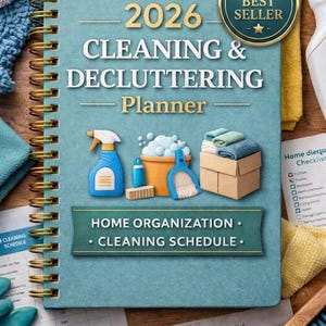 May include: A teal 2026 planner with the title "CLEANING & DECLUTTERING Planner." The cover shows illustrations of cleaning items and the text "HOME ORGANIZATION. CLEANING SCHEDULE." An "Etsy Best Seller" badge is visible.