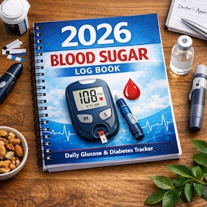 Peut inclure: Un carnet de suivi de la glycémie 2026 avec une couverture bleue, reliure spirale. La couverture affiche un lecteur de glycémie indiquant 108 mg/dL. Le livre est intitulé "Daily Glucose & Diabetes Tracker".