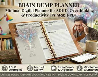 Brain Dump Planner | Minimal Digital Planner for ADHD, Overthinking & Productivity | Printable PDF