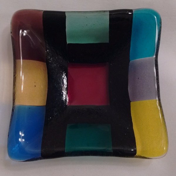 Fused glass trinket dish, candle holder in Aventurine black, red, purple, blue, yellow