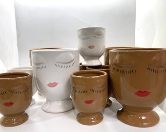 Charming Ms. Celfie vase wins Miss Popularity. Pretty planter pot with face, small or medium size, vanilla (white) & caramel (brown color).