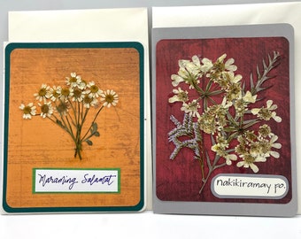 Greeting cards in Filipino. “Thank You” “Deepest Sympathy” in Filipino/Tagalog, handcrafted one of a kind w/ real flowers naturally pressed.