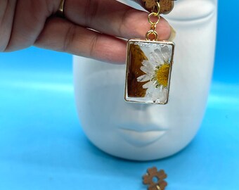 Pretty resin earrings, with mixed pressed flowers in rectangular frame, dangling from floral wood stud earrings!