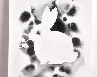 Original Painting Bunny silhouette with ink wash
