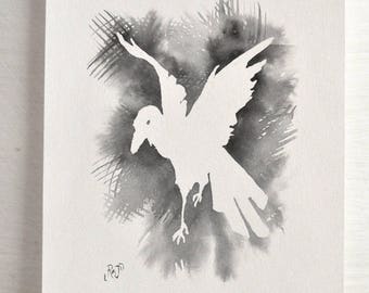 Ink Wash Original Painting with a Crow Silhouette