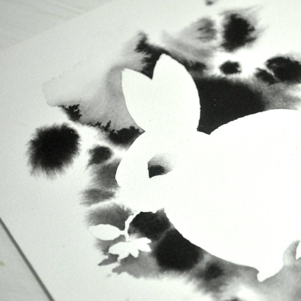 Original Painting Bunny Silhouette With Ink Wash - Etsy