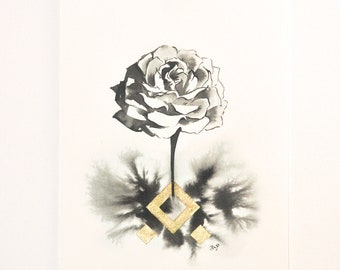 Original painting of a rose in ink and gold with diamond shapes