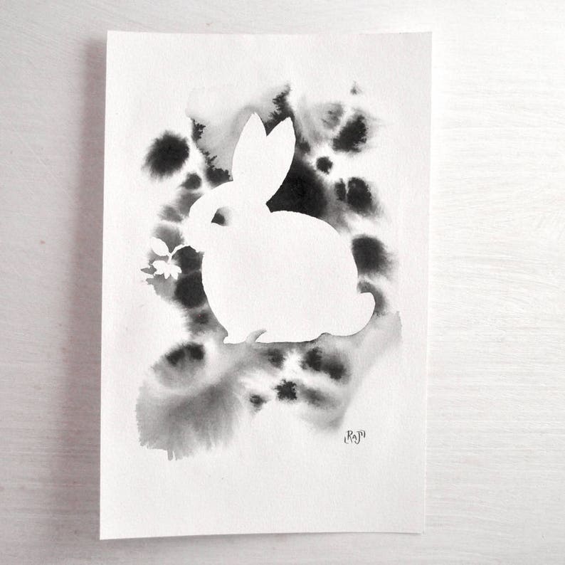 Original Painting Bunny Silhouette With Ink Wash - Etsy