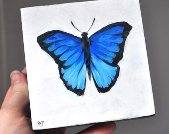 Mini Acrylic Painting Blue Butterfly OOAK