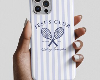 Jesus Club Christian Phone Case iPhone 13 14 15 16 Case, Samsung S24 S23 Pixel 9 Pro, Navy Blue Bible Verse Trendy Aesthetic Phone Case