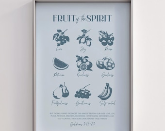 Fruit of the Spirit Bible Verse Wall Art Prints, Download, Bible Verse Printable, Modern Blue Aesthetic Christian Wall Art, Scripture Decor