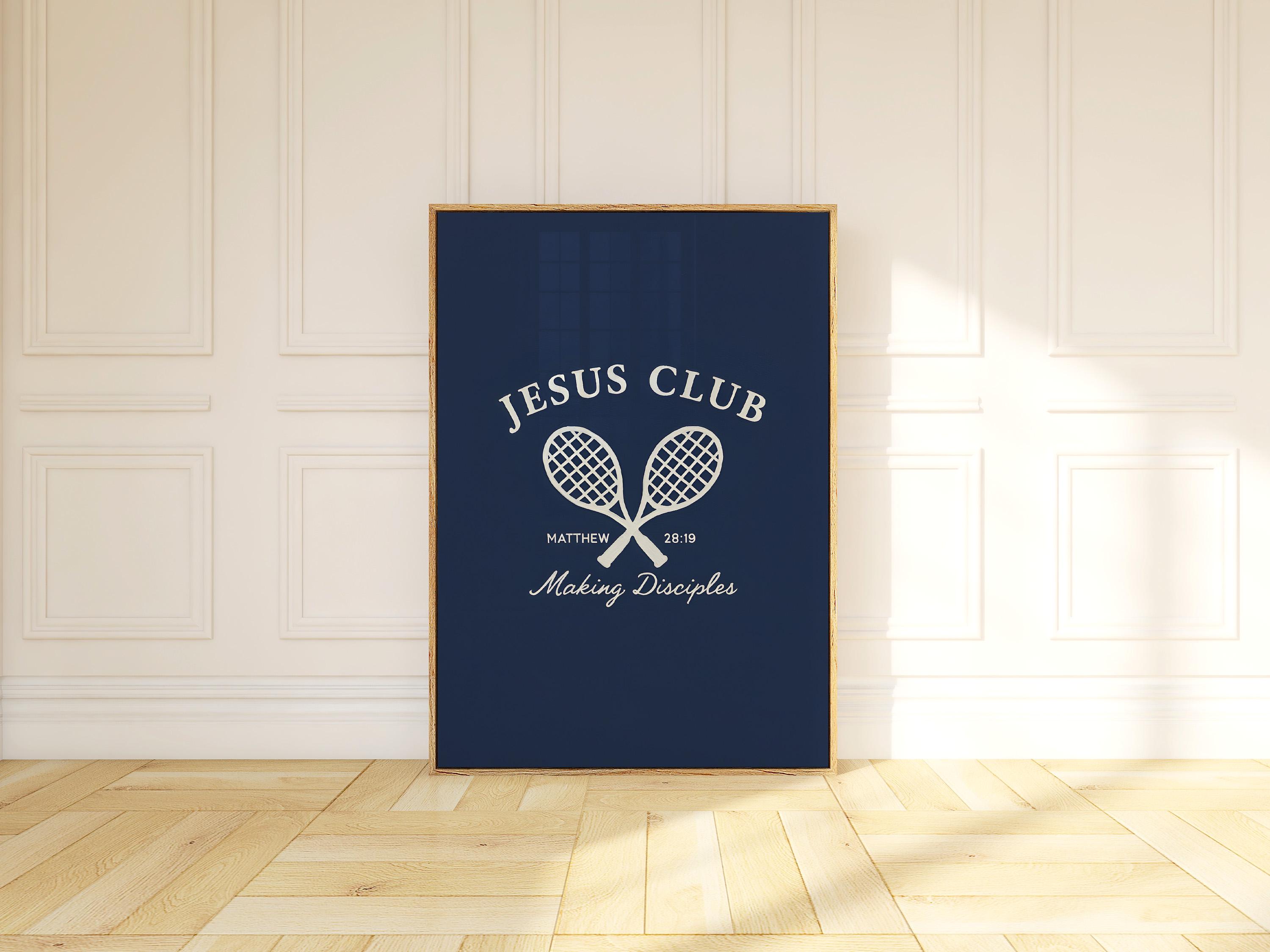 Physical Navy Blue Jesus Club Tennis Bible Verse Wall Art, Scripture Decor, Modern Bible Verse Canvas Print, Aesthetic Christian Art Poster