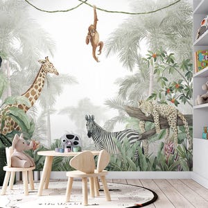 Carta da parati murale con animali della giungla – Carta da parati tropicale botanica verde – Vinile safari Art Déco testurizzato e suggestivo – Design boho moderno unico