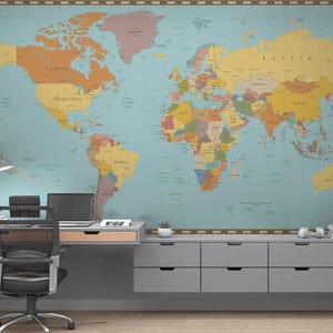 Helle geometrische Karte der Welt Tapete | Künstlerisches Vintage Blumenwandbild | Benutzerdefinierte Größe | Hausrenovierung|Wandkunst|Kontinente