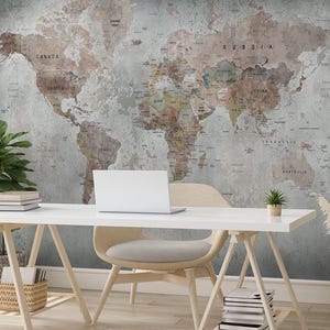 Weltkarte mit Illustrationen Tapete |Künstlerische Vintage Blumenwand Wandbild |Benutzerdefinierte Größe| Hauptrenovierung | Wandkunst | Länder zur Geografic