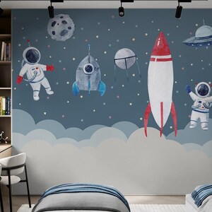 Carta da parati con astronauti nello spazio – Carta da parati blu per cameretta con razzi, UFO e stelle – Decorazione per cameretta dei bambini – Carta da parati con texture unica