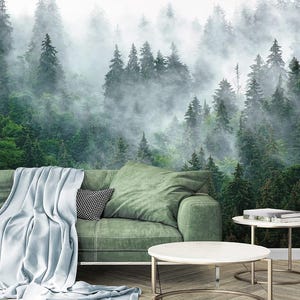 Carta da parati con paesaggio di foresta nebbiosa - Carta da parati murale con bosco verde scuro - Carta da parati in vinile neutro testurizzato - Carta da parati moderna Boho Deco - Dimensioni personalizzate