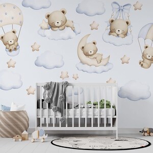 Carta da parati per cameretta dei bambini con orsetti di peluche – Murale per cameretta con nuvole, luna e stelle – Decorazione da parete moderna in stile boho-art déco per la sala giochi