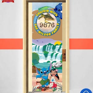 May include: Door wrap featuring a colorful illustration with the text "Cruisin' with The Wilson Family" and the number 9876. The design includes cartoon characters, a waterfall, and a turtle. The door wrap is a decorative item.