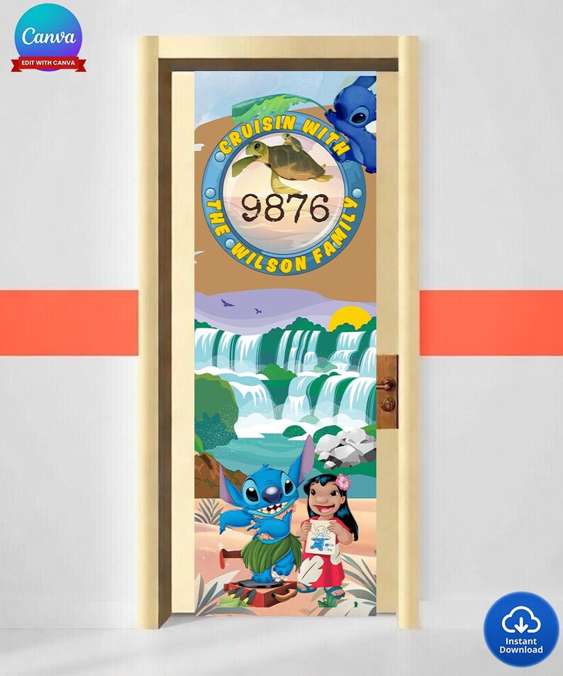 May include: Door wrap featuring a colorful illustration with the text "Cruisin' with The Wilson Family" and the number 9876. The design includes cartoon characters, a waterfall, and a turtle. The door wrap is a decorative item.