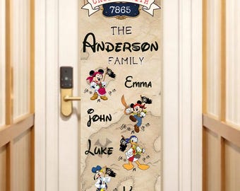 Banner para puerta del crucero de piratas de Disney | Letrero personalizado de la familia Anderson | Decoración para la noche de piratas de Mickey y Minnie | Plantilla digital imprimible de Canva