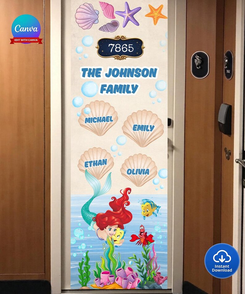 May include: A door wrap with a mermaid and sea creatures design, including the text "THE JOHNSON FAMILY" and individual names. The design incorporates seashells, bubbles, and the address "7865".