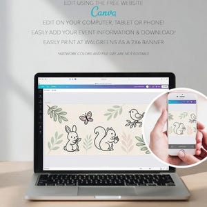 May include: A laptop displays a customizable template with illustrations of a bunny, butterfly, squirrel, and bird. The text "EDITABLE TEMPLATE" and "Canva" are visible. A smartphone shows the same design.