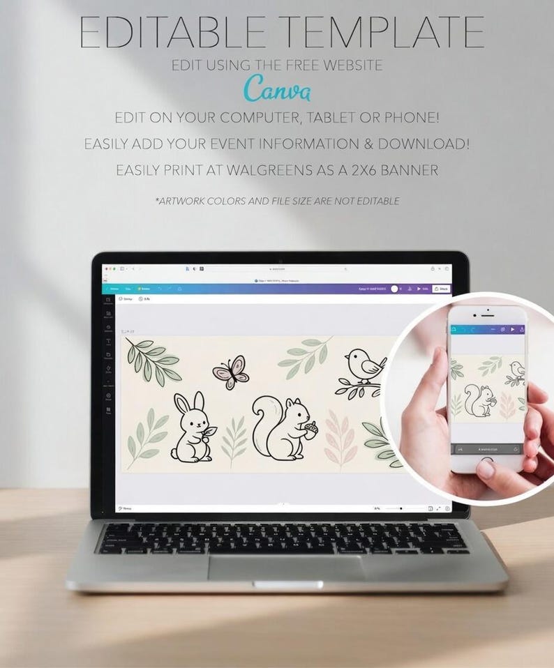 May include: A laptop displays a customizable template with illustrations of a bunny, butterfly, squirrel, and bird. The text "EDITABLE TEMPLATE" and "Canva" are visible. A smartphone shows the same design.