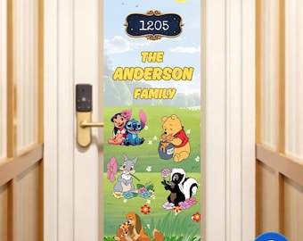 Banner para puerta de crucero de Winnie the Pooh, Stitch y sus amigos | Decoración de Bambi, el zorro y el sabueso | Letrero personalizado con nombre familiar | Descarga digital | Imprimible