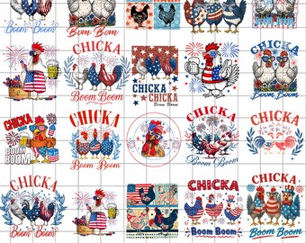 40+ File Chicka Boom Boom PNG Bundle, Funny Patriotic Chicken png, 4th of July Humor Retro Farm Vibes Red White and Blue png, Digital File
