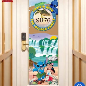 May include: A door decal featuring a tropical scene with cartoon characters Stitch and Lilo. The decal includes the text "Cruisin' with the Wilson Family" and the number "9876". The background shows a waterfall and a sunset.