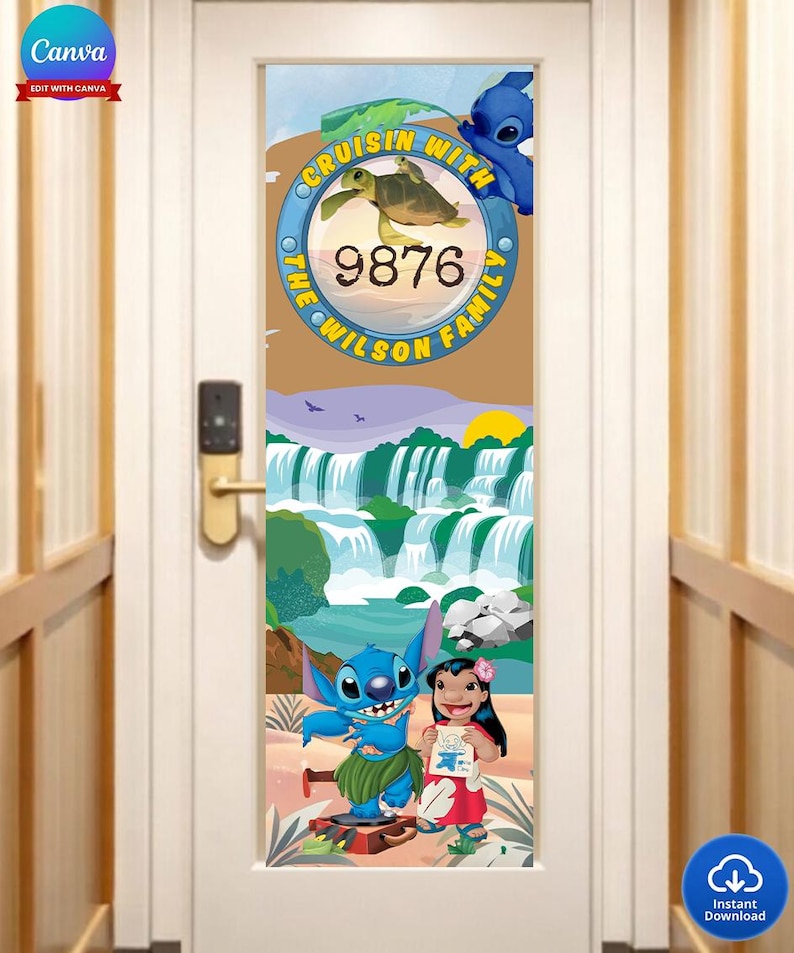 May include: A door decal featuring a tropical scene with cartoon characters Stitch and Lilo. The decal includes the text "Cruisin' with the Wilson Family" and the number "9876". The background shows a waterfall and a sunset.