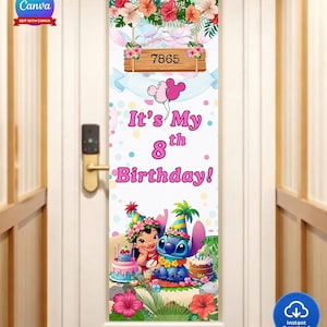Puede incluir: Decoraci&oacute;n de puerta para una fiesta de 8 cumplea&ntilde;os con los personajes de Lilo y Stitch. El dise&ntilde;o incluye el texto "It's My 8th Birthday!" y un letrero de madera con el n&uacute;mero 7865. El dise&ntilde;o est&aacute; decorado con flores y globos.
