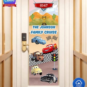 May include: A door decal featuring characters from the movie Cars. The design includes the text "THE JOHNSON FAMILY CRUISE" and the number "6547". The decal showcases various Cars characters, a trophy, and checkered flags.