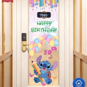 May include: A door decoration featuring a cartoon character holding a pencil, with the text "Happy Birthday" and "10th". The design includes colorful balloons, butterflies, and a house number.