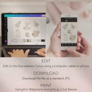 Puede incluir: Un ordenador port&aacute;til y un smartphone muestran un dise&ntilde;o con ilustraciones lineales de un conejo, un p&aacute;jaro, una ardilla, una mariposa y follaje. El texto "EASY TO CREATE" y las instrucciones tambi&eacute;n son visibles.
