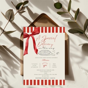 Un lot de pizzas sur le thème de baby shower, livré spécialement pour vous ! Invitations personnalisées, panneaux, message de remerciement et plus encore !