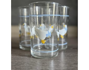 Set of 3 Libbey Glasses Country Geese Blue White 4" Juice Cups Grandma Ducks