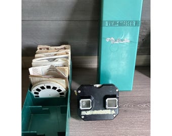 Estuche View Master vintage de los años 50 con carretes y View Master Sawyers negro