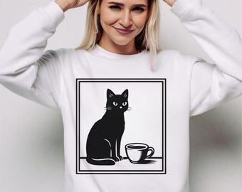 Katzenliebhaber Geschenk Rundhals-Sweatshirt, süßes Kaffeekatzen-Shirt, gemütlicher minimalistischer Unisex-Pullover, Katzenmutter präsent