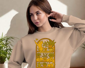 Katzen Garten Sweatshirt - Gemütlicher Cottagecore Katzen Pullover, Geschenk für Pflanzen Liebhaber, Botanisches Katzen Shirt, süßes Katzen Rundhalsausschnitt