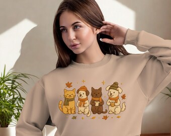 Tierliebhaber Sweatshirt mit Katzen und Hunden - Kuschliger Tierliebhaber Pullover, niedliches Rundhalsausschnitt Geschenk für Katzen- oder Hundemama
