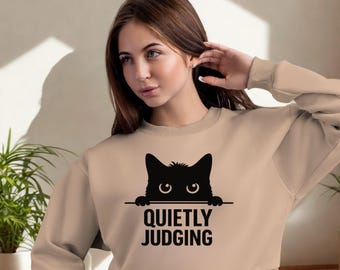 Lustiges Katzen-Sweatshirt, Rundhalsausschnitt, schwarze Katzengrafik, Katzenliebhaber-Geschenk, minimalistischer gemütlicher Unisex-Pullover