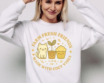 Farm Fresh Friends Sweatshirt - Süßes Katzen Shirt, Gemütliches Cottagecore Top, Kawaii Pflanzen Liebhaber Geschenk, Warmes Retro Grafik T-Shirt
