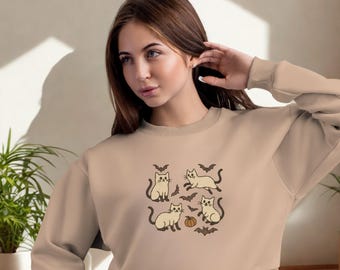 Besticktes Katzen Sweatshirt - Vintage Halloween Rundhalsausschnitt