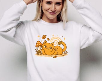 Niedliches Katzen Sweatshirt - Retro Cottagecore Pilz Katzen Shirt - Kawaii Herbst Ästhetisches Geschenk