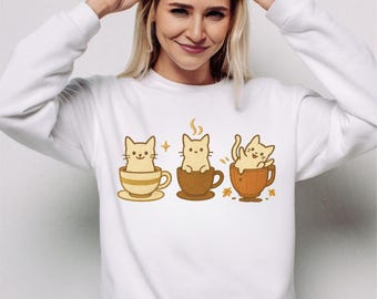 Niedliches Katzen Sweatshirt mit Kaffeetasse Katzen – Gemütlicher Katzen Liebhaber Pullover, Süßes Tier Rundhalsausschnitt, Katzen Mama Geschenk, Haustier Liebhaber Geschenk
