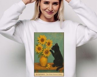 Sunpaws Van Gogh Katze Sweatshirt - Vintage Kunst Katzenpullover, Kuschliges Gemälde Shirt, Geschenk für Katzenmutter & Kunstliebhaber