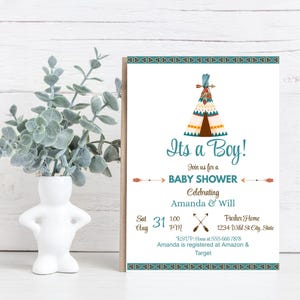 Boho Teepee Baby Shower Invitation Boy | Tribal Baby Shower Invite | It&#39;s a Boy Printable | Rustic Wild One Baby Shower Template