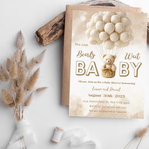 Neutral Bear Baby Shower Invitation Set: Editable Canva Template (Digital Download))